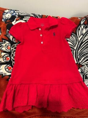 Ralph Lauren Girls Red Short-Sleeve Polo Dress with Eyelet Ruffle